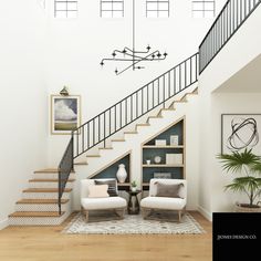 a living room filled with furniture and a stair case