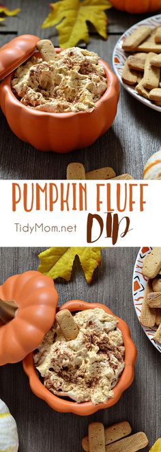 pumpkin fluff dip in an orange bowl on a table with fall leaves around it