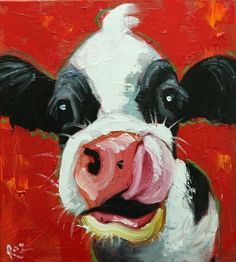 a painting of a black and white cow with its tongue out on a red background