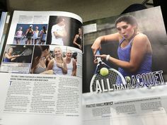 an open magazine with pictures of tennis players on the page and in front of it