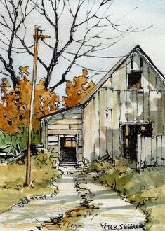 a watercolor painting of an old barn