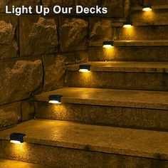 some steps with lights on them and the words light up our decks written below it