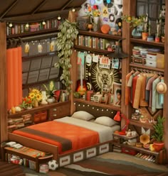 a bedroom scene with a bed, bookshelf and various items on the shelves