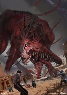 an image of a giant red dragon with people around it