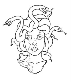 a black and white drawing of a woman with snakes on her head