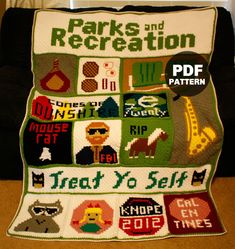 a crocheted blanket that says parks and recreation with pictures of animals on it