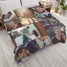 a bed with many pictures on it