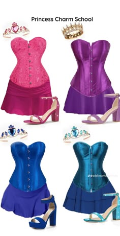 four different colored dresses and high heels are shown in this image, with the text princess charm