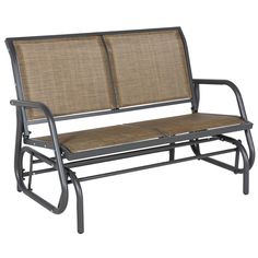 a metal frame bench with two seats on it