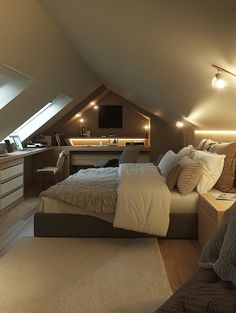 49 Creative Attic Bedroom Ideas to Enhance Your Home Loft Room Conversion, Roof Space Bedroom, Long Narrow Attic Bedroom, Low Attic Ceiling Ideas, Attic Bedroom Ideas Low Ceiling, Attic Design Ideas Low Ceilings, Tiny Loft Bedroom, Attic Room Ideas Bedrooms, Attic Loft Bedroom Ideas