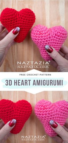 two crocheted hearts are shown with the words, 3d heart amigurum