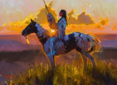 a painting of a native american man riding a horse in the desert at sunset or sunrise