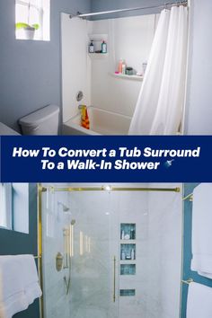 a bathroom with blue walls and white shower curtain, tub surround to walk - in shower