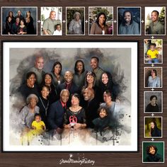 a group of people that are standing in front of a wooden frame with photos on it