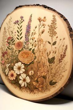 a wood slice with a bunch of wildflowers wood burned on it and painted in with pencil crayon and watercolor paint. Unique Woodburning Ideas, Earthy Paintings Canvas, Wood Burn And Paint, Fall Woodburning Ideas, Wood Burn Mountains, Wood Burning Inspiration, Wood Pyrography Ideas, Wood Burn Trees, Wedding Wood Burning Ideas