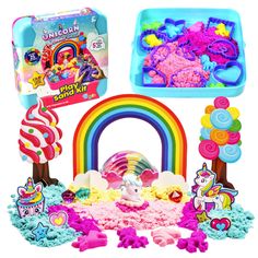 the play dough kit includes rainbows, ice cream, and unicorn toys for kids