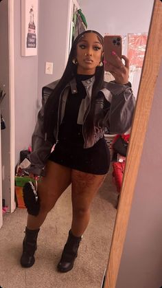 Concer Outfits Black Women, Fall Concert Outfits Black Women, Baddie Fall Birthday Outfits, Biker Jacket And Dress Outfit, 2 Pieces Outfits For Black Women, November Birthday Outfits Black Women, Night Out Winter Outfit Going Out, Dinner Date Outfits Black Women, All Black Night Out Outfit Clubwear