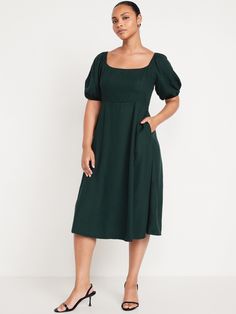 Fit and Flare Crepe Midi Dress | Old Navy Square Neck Puff Sleeve Dress With Elastic Sleeves, Midi Dress With Smocked Back And Short Sleeves, Casual Midi Dress With Gathered Sleeves And Square Neck, Casual Dress With Elastic Sleeves And Square Neck, Casual Midi Dress With Fitted Bodice And Square Neck, Puff Sleeve Dress With Smocked Back For Brunch, Square Neck Midi Dress With Elastic Sleeves For Brunch, Casual Midi Dress With Elastic Sleeves And Square Neck, Puff Sleeve Dress With Square Neck For Brunch