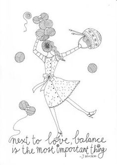 a black and white drawing of a woman with yarn on her head holding a ball of yarn