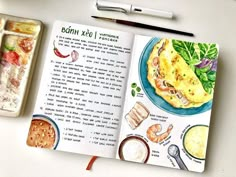 an open notebook with some food on it