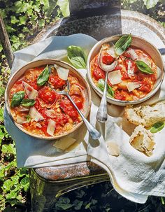 two bowls of tomato soup with basil and bread on a picnic table in the sun