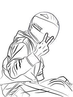 a black and white drawing of a person on a motorcycle with his hand in the air