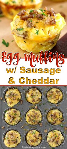 egg muffins with sausage and cheddar in the middle