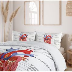 an image of a bed with medical diagrams on the comforter and pillowcases