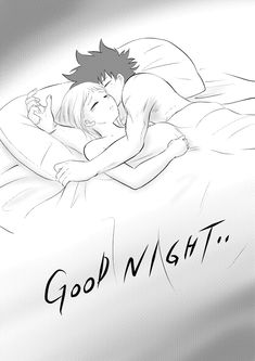 a black and white drawing of two people laying in bed with the words good night