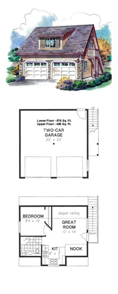 two story house plans with garage and living room in the front, one bedroom on the second