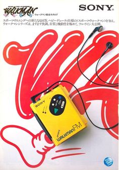 an advertisement for the sony walkman with headphones attached to it's back