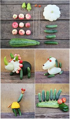 several different pictures of food made to look like animals and vegetables, including cucumbers,