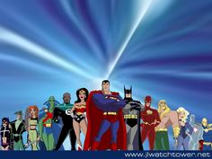 a group of superheros standing together in front of a blue sky with light beams