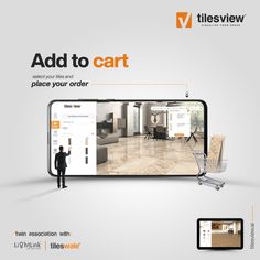 a man standing in front of a phone with the title add to cart on it