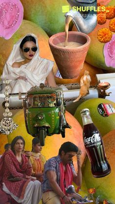 a collage of images with people and fruits