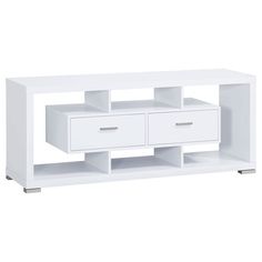 a white entertainment center with two drawers