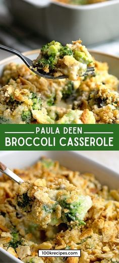 broccoli casserole in a white dish with a green border overlay