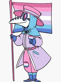 a cartoon character holding a flag and wearing a pink coat with blue stripes on it