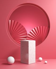 an object is shown in front of a pink background with balls and a circular object on the floor