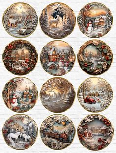 twelve christmas plates with different scenes on them