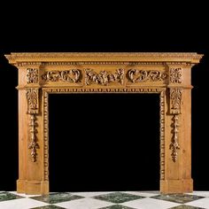 an ornate wooden fireplace mantel on a checkerboard floor with black back ground