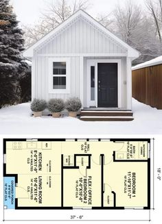 the floor plan for a small house with two rooms and an attached garage is shown