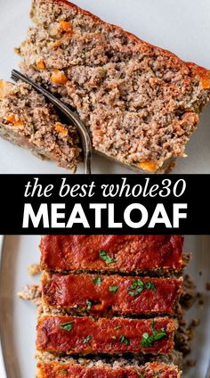 meatloaf on a white plate with the title above it and an image of sliced meatloaf