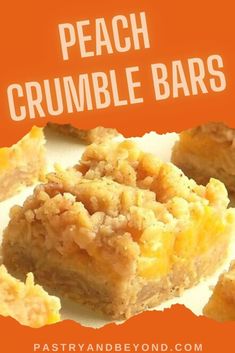 there are some dessert bars with crumbs on them and the words peach crumble bars above it