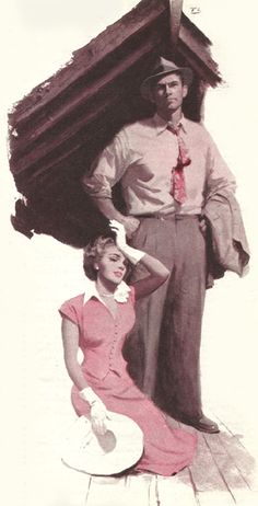 a man and woman standing next to each other in front of a house with a roof on it