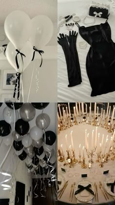 black and white party decorations with balloons