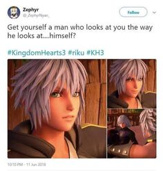 an anime character with purple hair and blue eyes is shown in the video game kingdom hearts