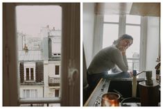 a woman sitting on top of a window sill