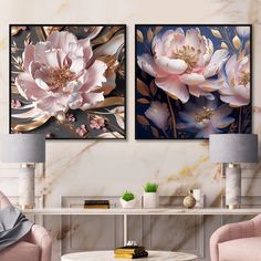 two floral paintings on the wall in a living room with pink chairs and a coffee table