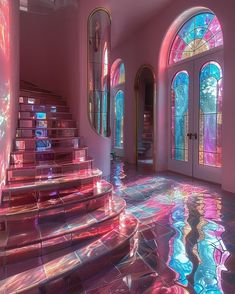 the stairs are lit up with colorful light from stained glass windows and arched doorways